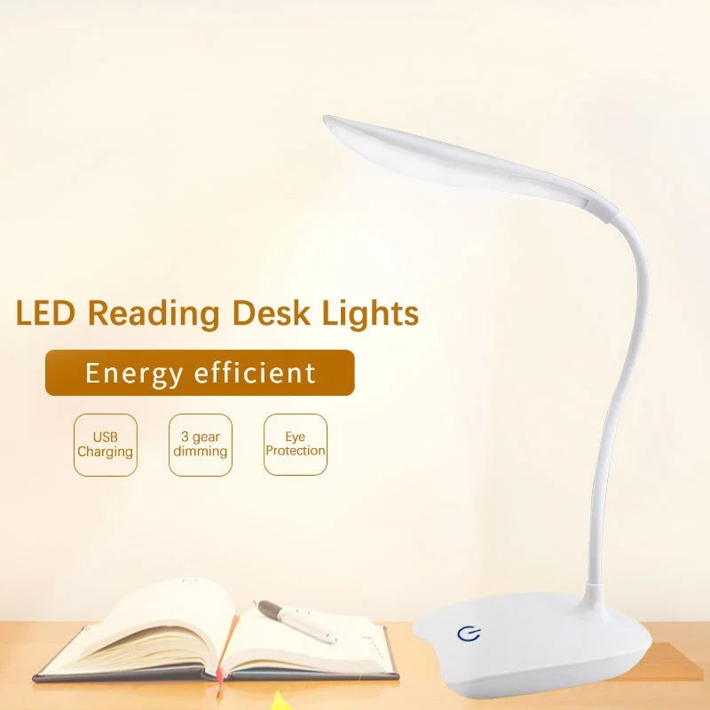 USB rechargeable LED desk lamp with flexible gooseneck and 3-gear dimming for reading and studying