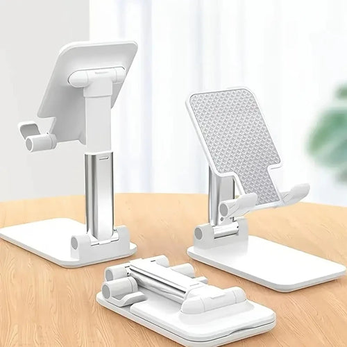 Adjustable desktop phone and tablet stand in white with height-adjustable telescoping arm on wood desk