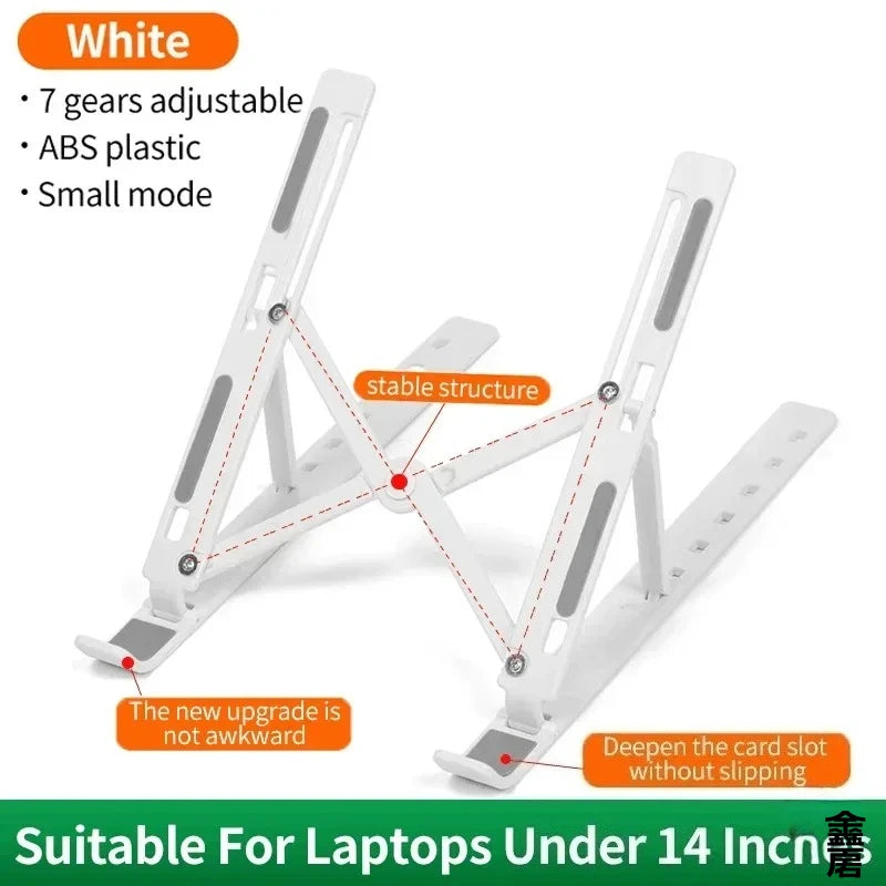 Foldable laptop and tablet riser stand with 7-gear adjustable height in white ABS plastic